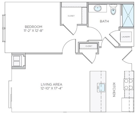 A floor plan of a small apartment with a bedroom, living area, kitchen, bathroom, and laundry room.