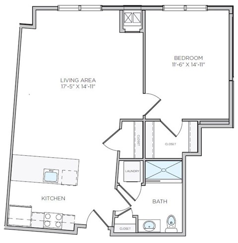 A floor plan of a small apartment with a bedroom, living area, kitchen, and bathroom.