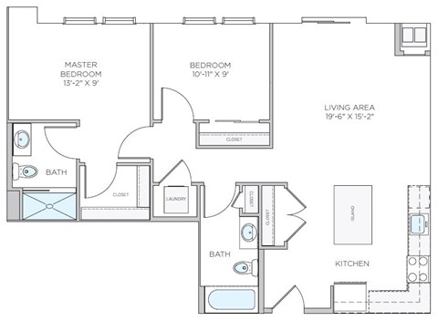 A floor plan of a small apartment with a master bedroom, a bedroom, a living area, a kitchen, and two bathrooms.