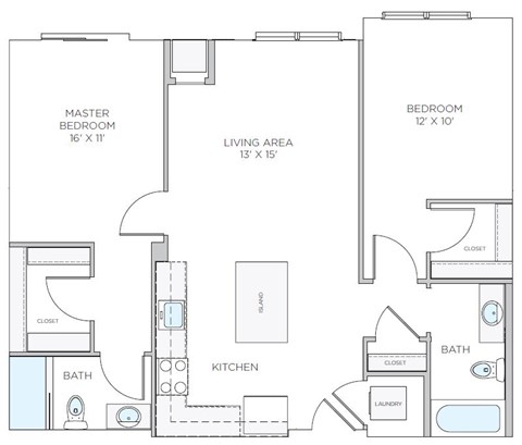 A floor plan of a house with a master bedroom, living area, kitchen, bath, and laundry room.