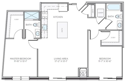 A floor plan of a house with a living area, kitchen, two bathrooms, a master bedroom, and a bedroom.