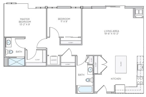 A floor plan of a house with a master bedroom, two bathrooms, a living area, a kitchen, and two closets.