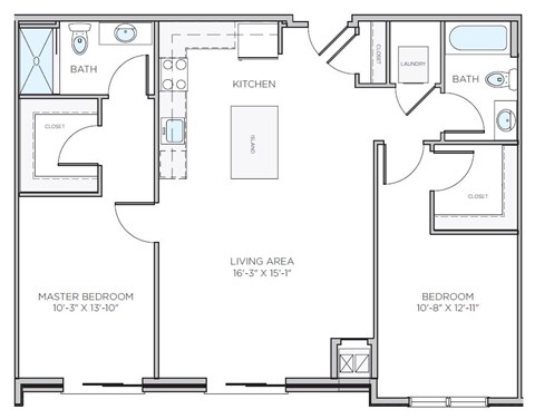 A floor plan of a two-bedroom apartment with a living area, kitchen, and bathrooms.