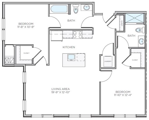 A floor plan of a house with two bedrooms, a living area, a kitchen, a bath, and a laundry room.