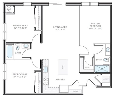 A black and white floor plan of a house with three bedrooms, a living area, a kitchen, and two bathrooms.