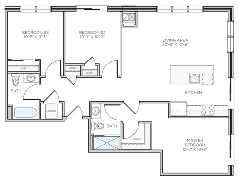 A floor plan of a house with three bedrooms, a living area, a kitchen, a bathroom, a laundry area, and a master bedroom.