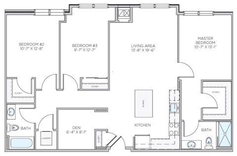 A floor plan of a house with three bedrooms, a living area, a kitchen, a den, and two bathrooms.