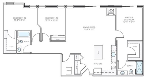 A floor plan of a house with three bedrooms, a living area, a kitchen, a bathroom, and a dining area.