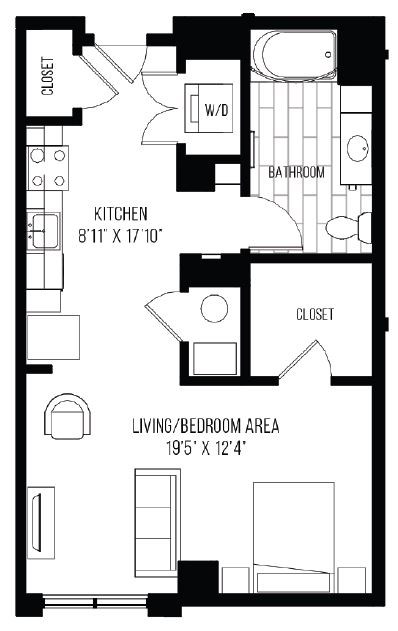 A black and white image of a floor plan for a small apartment.