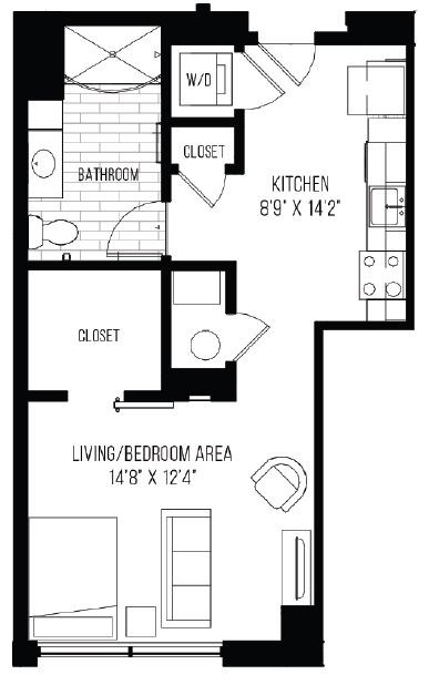 A black and white image of a floor plan for a small apartment.