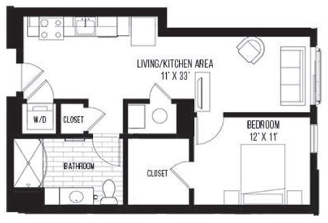 A black and white image of a floor plan for a small apartment.