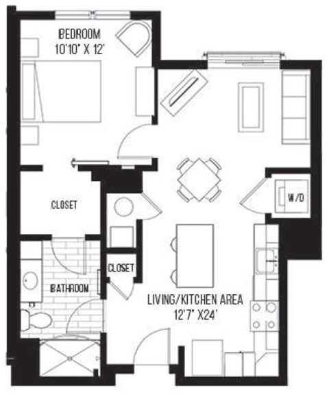A black and white image of a floor plan for a small apartment.