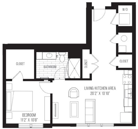 A black and white image of a floor plan for a small apartment.