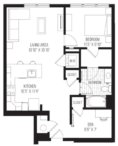 A black and white image of a floor plan for a home with a living area, kitchen, bedroom, bathroom, and den.