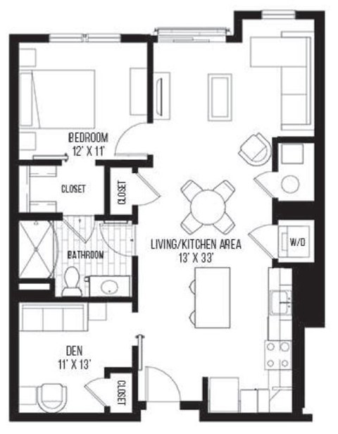 A black and white image of a floor plan for a small apartment.