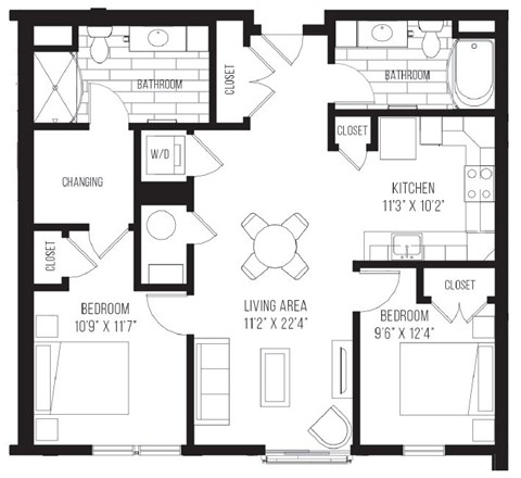 A black and white image of a floor plan for a home with a living area, kitchen, two bedrooms, and two bathrooms.