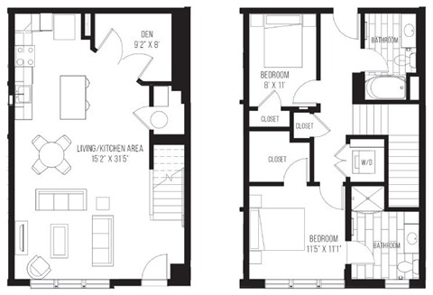 A black and white image of two floor plans for a house.