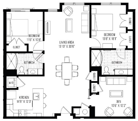 A black and white image of a house floor plan with a living area, kitchen, two bedrooms, a bathroom, and a den.