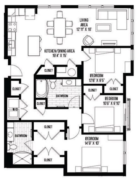 A black and white image of a house floor plan with a living area, kitchen/dining area, and four bedrooms.