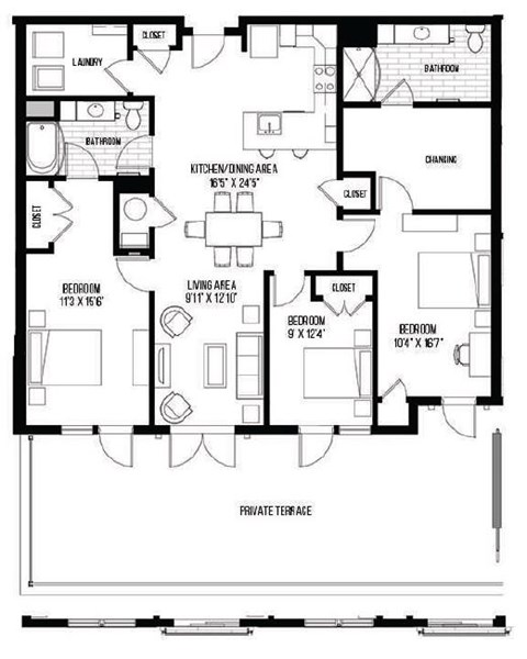 A black and white floor plan of a house with labeled rooms.