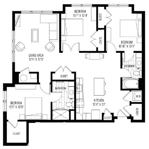 A black and white image of a floor plan for a house with four bedrooms, a living area, a kitchen, and two bathrooms.