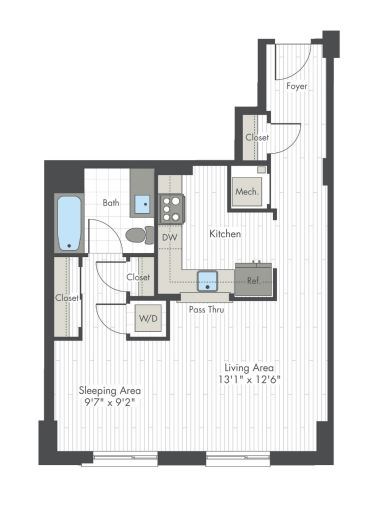 A floor plan of a small apartment with a sleeping area and a living area.