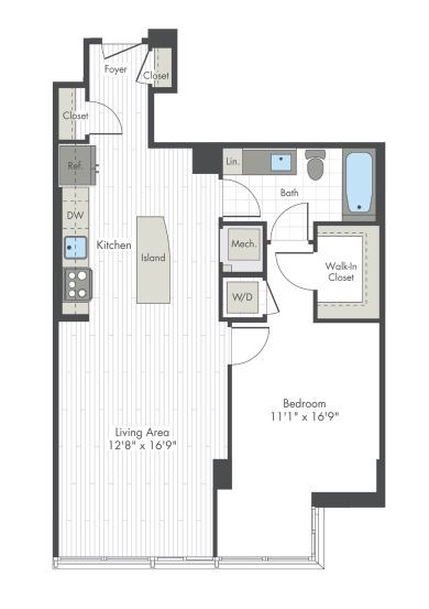 A floor plan of a small apartment with a living area, bedroom, kitchen, and bathroom.