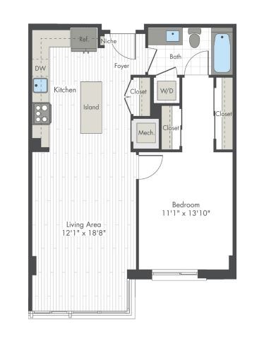 A floor plan of a small apartment with a living area, kitchen, and bedroom.