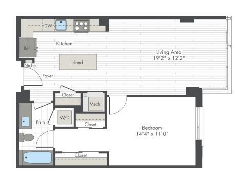 A floor plan of a small apartment with a kitchen, living area, bedroom, and bathroom.