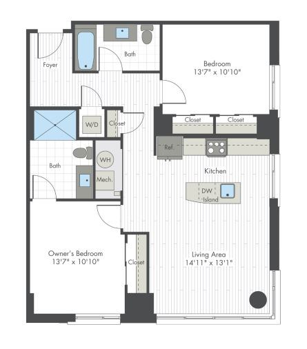 A floor plan of a house with a living area, kitchen, and two bedrooms.