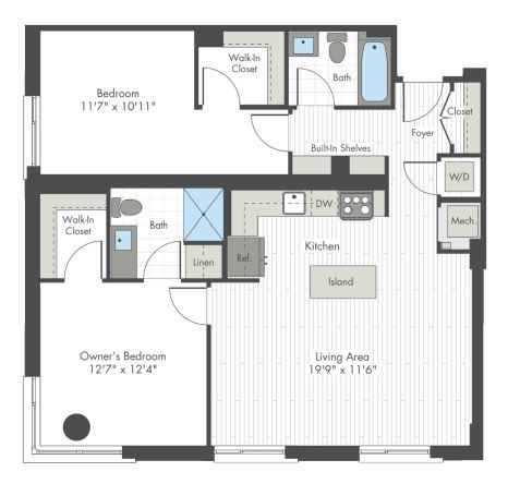 A floor plan of a house with a living area, kitchen, and two bedrooms.