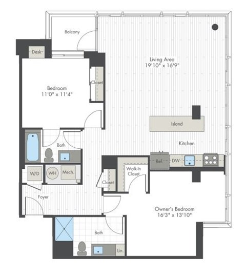 A floor plan of a house with a living area, bedroom, bathroom, kitchen, and other rooms.