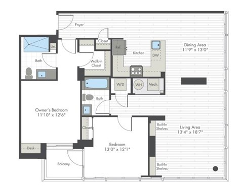 A floor plan of a house with a living area, dining area, kitchen, and owner's bedroom.