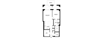 A black and white floor plan of a house with a living room, kitchen, den, bedroom, bathroom, and terrace.