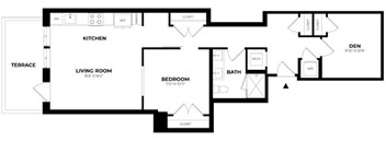 A floor plan of a house with a kitchen, living room, den, and bathroom.