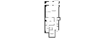 A black and white image of a floor plan for a house with a living room, kitchen, den, bath, and bedroom.