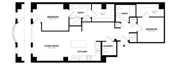 A black and white image of a house floor plan with two bedrooms, a living room, a kitchen, a bathroom, and a laundry room.