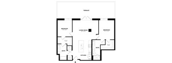 A black and white image of a house floor plan with a living room, two bedrooms, a bathroom, a kitchen, and a walk-in closet.