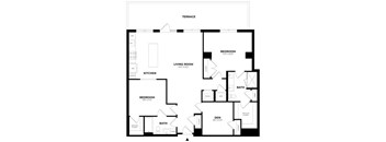 A black and white image of a house floor plan with a terrace.