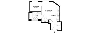 A black and white image of a floor plan for a small apartment.