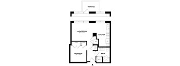 A black and white floor plan of a house with a terrace, living room, kitchen, bedroom, and bathroom.
