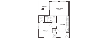 A floor plan of a small apartment with a balcony, bathroom, kitchen, and bedroom.