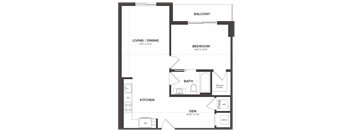 A floor plan of a small apartment with a living room, kitchen, bathroom, bedroom, and den.