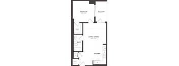 A floor plan of a home with a bedroom, living/dining area, kitchen, and bathroom.