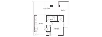 A floor plan of a home with a living/dining area, kitchen, bathroom, bedroom, and balcony.