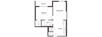 A floor plan of a house with a balcony, bedroom, bathroom, living/dining area, kitchen, and a walk-in closet.