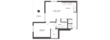 A floor plan of a house with a living room, dining room, kitchen, bathroom, and bedroom.