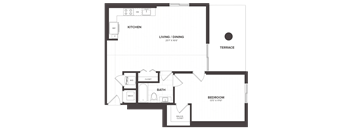A floor plan of a house with a kitchen, bathroom, and bedroom.