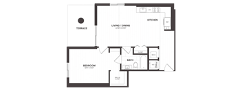 A floor plan of a house with a terrace, living/dining area, kitchen, bathroom, and bedroom.