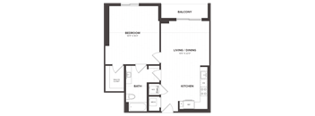 A black and white image of a floor plan for a home with a balcony, bedroom, living/dining area, bathroom, kitchen, and walk-in closet.